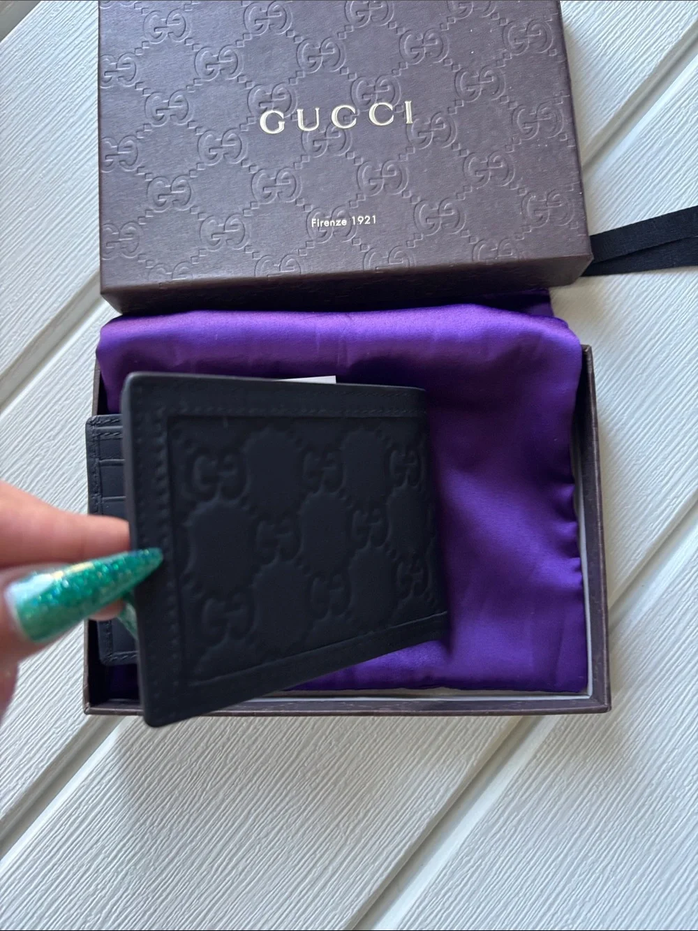 Gucci Black Embossed GG Leather Bi-Fold Wallet with Green-Red Web